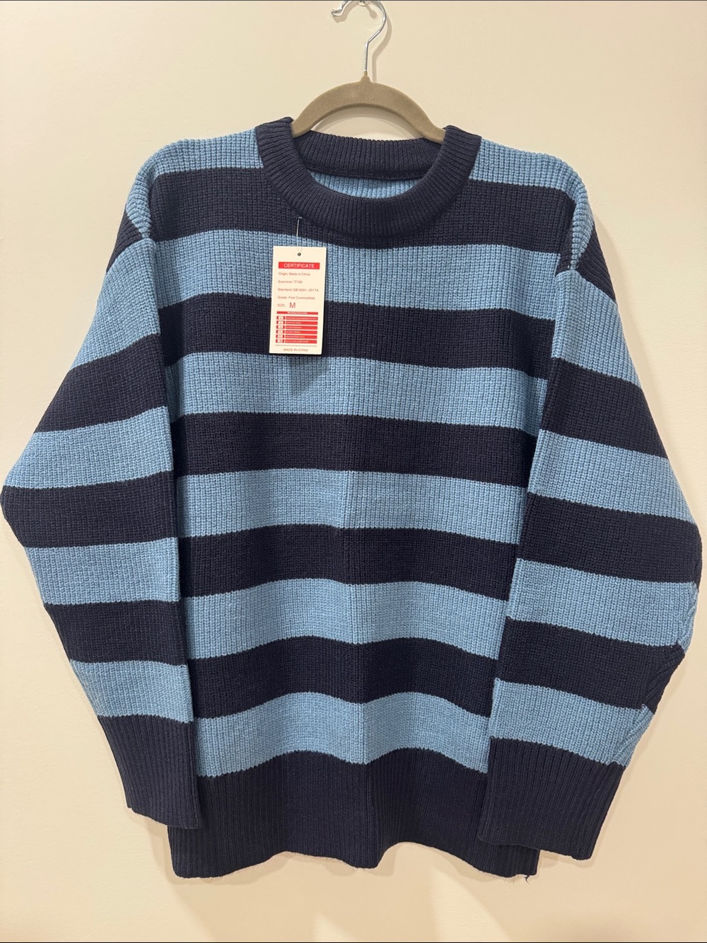Amazon Essentials Women's Navy & Light Blue Striped Crewneck Sweater